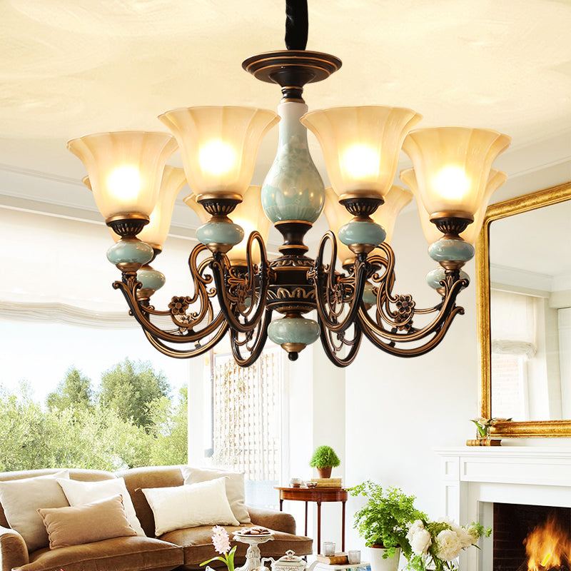 Curvy Armed Pendant Chandelier - Rural Style Black-Gold Metallic Ceiling Light With Blossom Shade