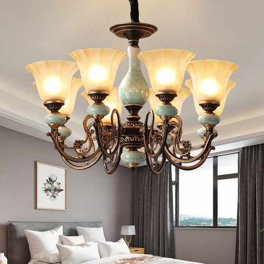 Curvy Armed Pendant Chandelier - Rural Style Black-Gold Metallic Ceiling Light With Blossom Shade