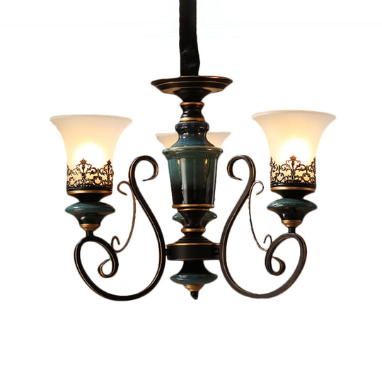 Rustic Black-Gold Chandelier With Bell Shade And Opal Glass Perfect For Guest Rooms (3/5/6-Bulb)