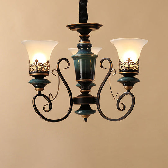 Rustic Black-Gold Chandelier With Bell Shade And Opal Glass Perfect For Guest Rooms (3/5/6-Bulb)