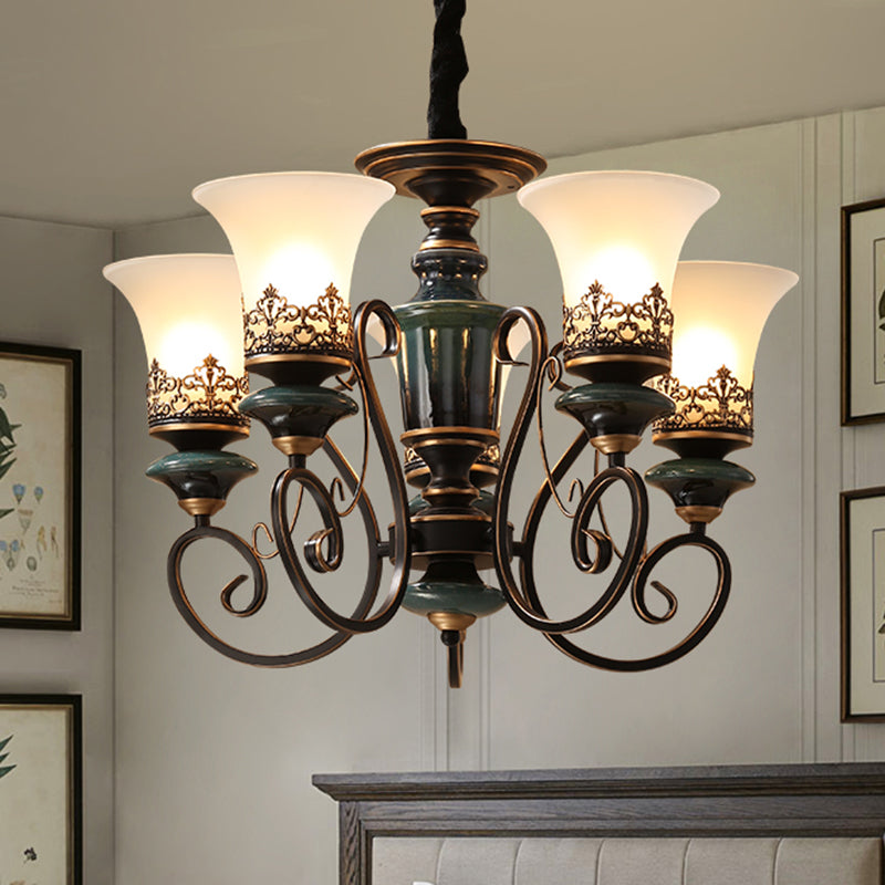 Rustic Black-Gold Chandelier With Bell Shade And Opal Glass Perfect For Guest Rooms (3/5/6-Bulb)