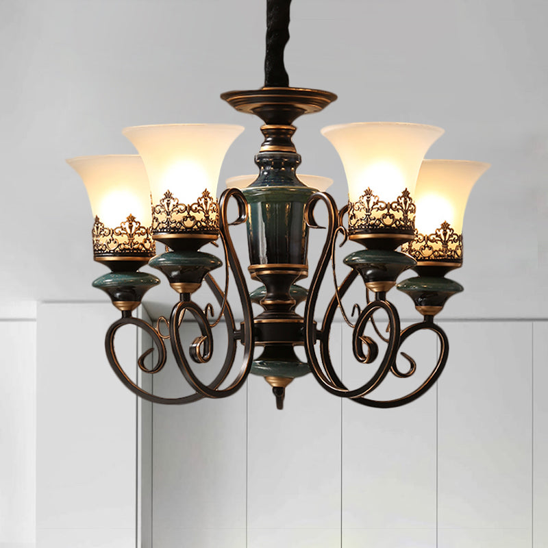 Rustic Black-Gold Chandelier With Bell Shade And Opal Glass Perfect For Guest Rooms (3/5/6-Bulb)