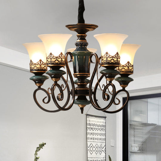 Rustic Black-Gold Chandelier With Bell Shade And Opal Glass Perfect For Guest Rooms (3/5/6-Bulb)