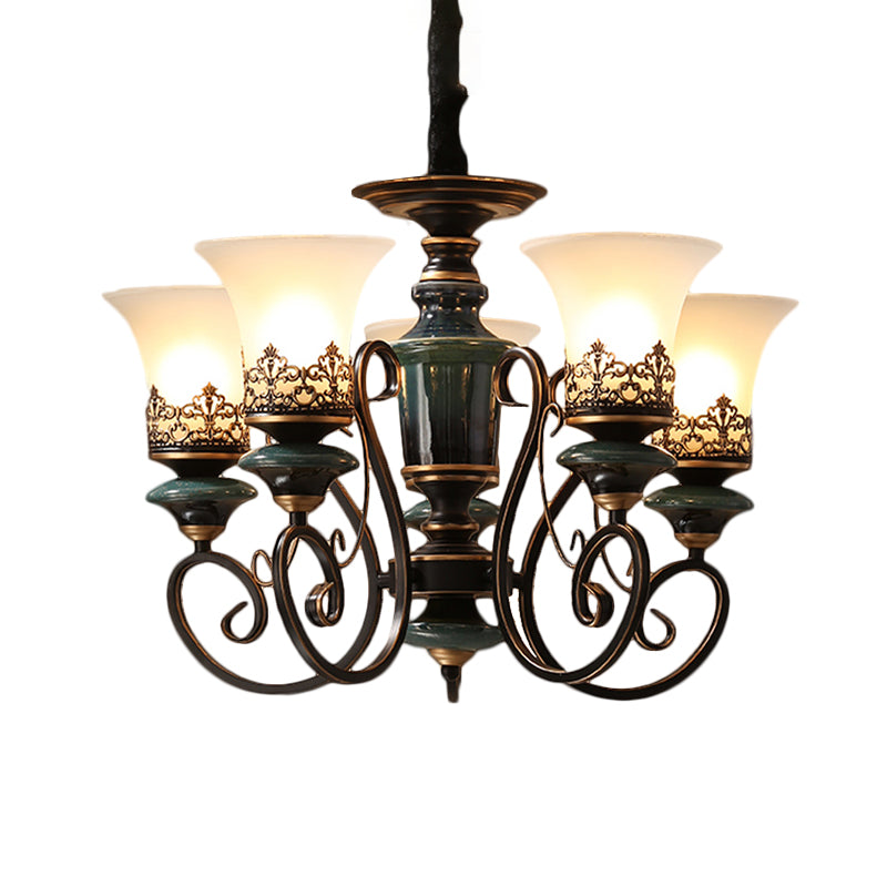 Rustic Black-Gold Chandelier With Bell Shade And Opal Glass Perfect For Guest Rooms (3/5/6-Bulb)