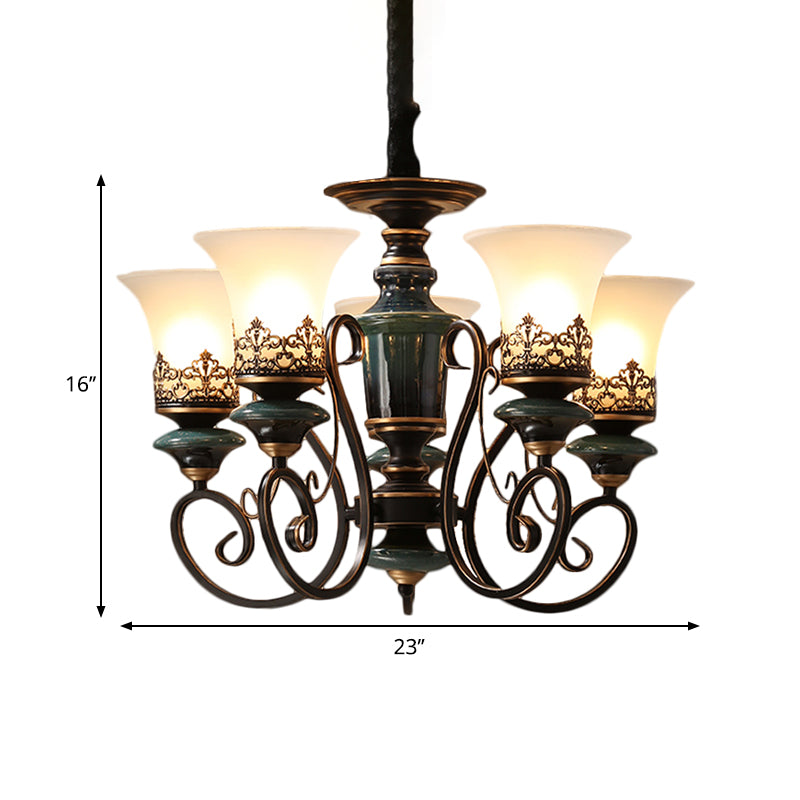 Rustic Black-Gold Chandelier With Bell Shade And Opal Glass Perfect For Guest Rooms (3/5/6-Bulb)