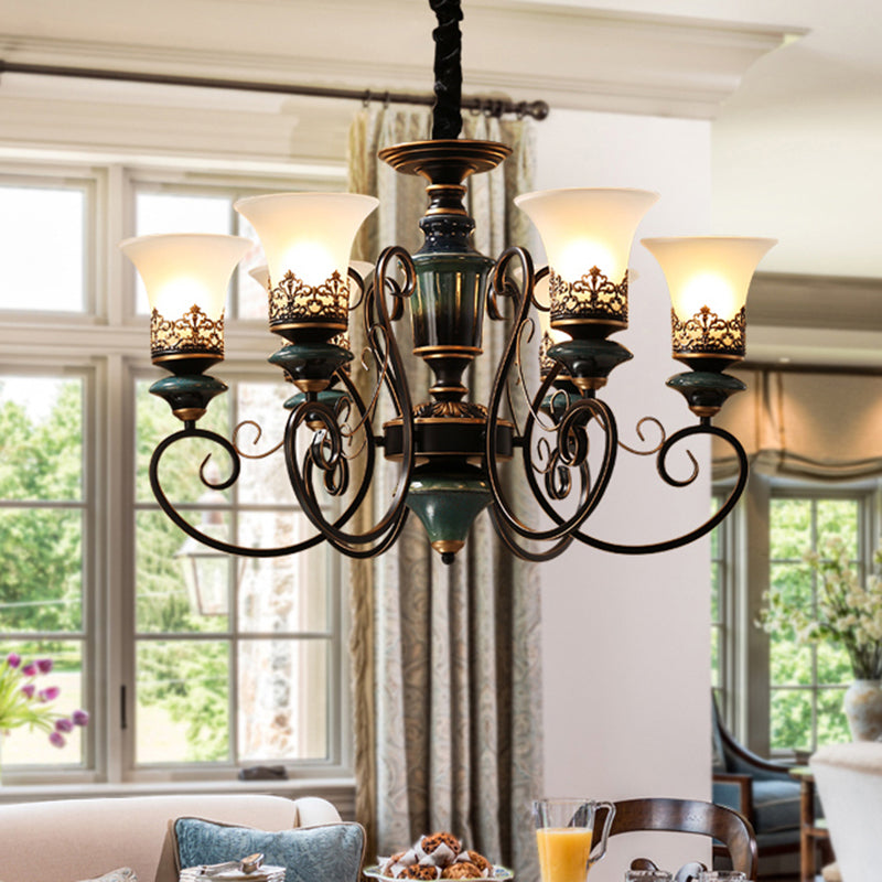 Rustic Black-Gold Chandelier With Bell Shade And Opal Glass Perfect For Guest Rooms (3/5/6-Bulb)