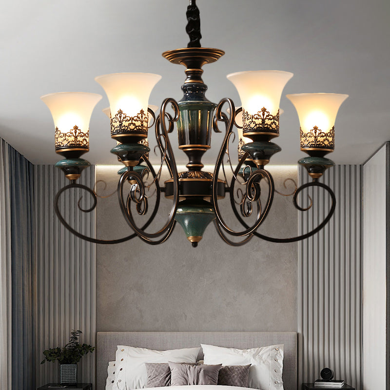 Rustic Black-Gold Chandelier With Bell Shade And Opal Glass Perfect For Guest Rooms (3/5/6-Bulb)