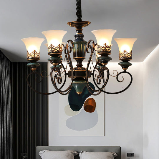 Rustic Black-Gold Chandelier With Bell Shade And Opal Glass Perfect For Guest Rooms (3/5/6-Bulb)