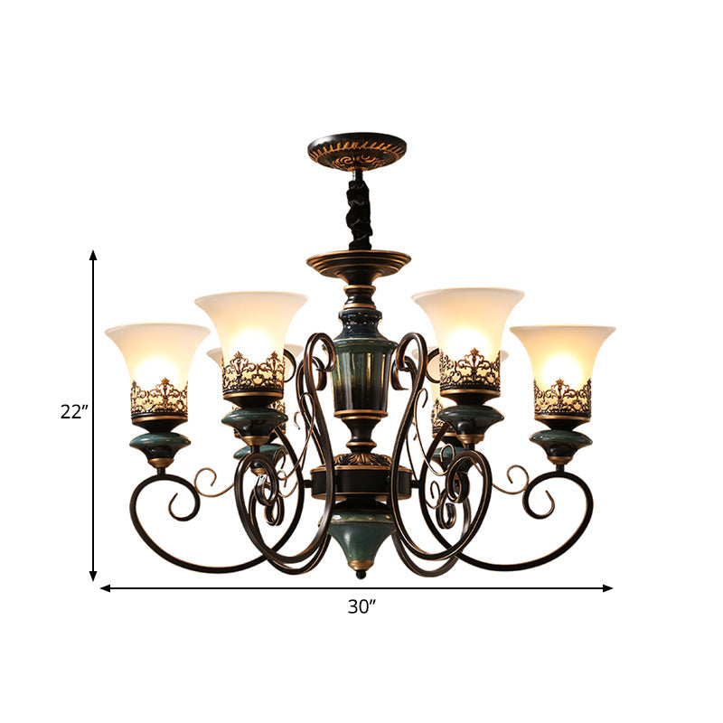 Rustic Black-Gold Chandelier With Bell Shade And Opal Glass Perfect For Guest Rooms (3/5/6-Bulb)