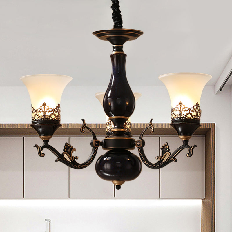 Black Bell Shaped Ceiling Suspension Lamp With Frosted Glass And Multiple Heads - Countryside