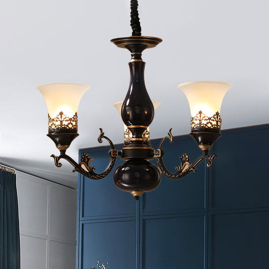 Black Bell Shaped Ceiling Suspension Lamp With Frosted Glass And Multiple Heads - Countryside