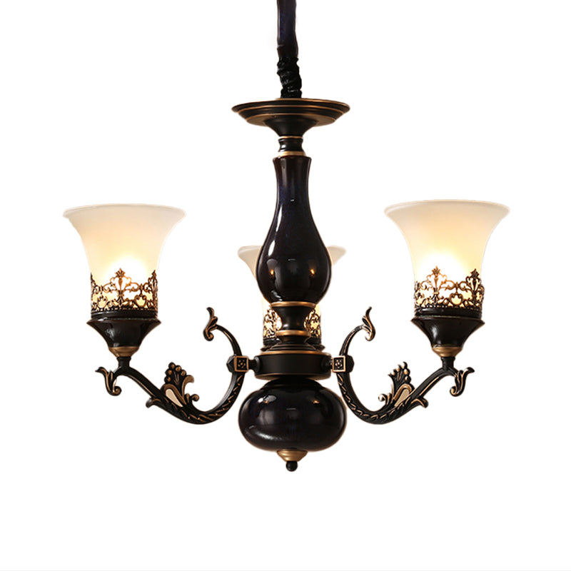 Black Bell Shaped Ceiling Suspension Lamp With Frosted Glass And Multiple Heads - Countryside