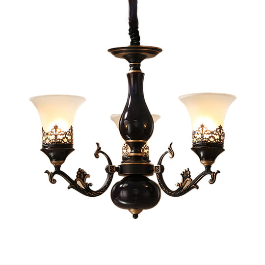 Black Bell Shaped Ceiling Suspension Lamp With Frosted Glass And Multiple Heads - Countryside