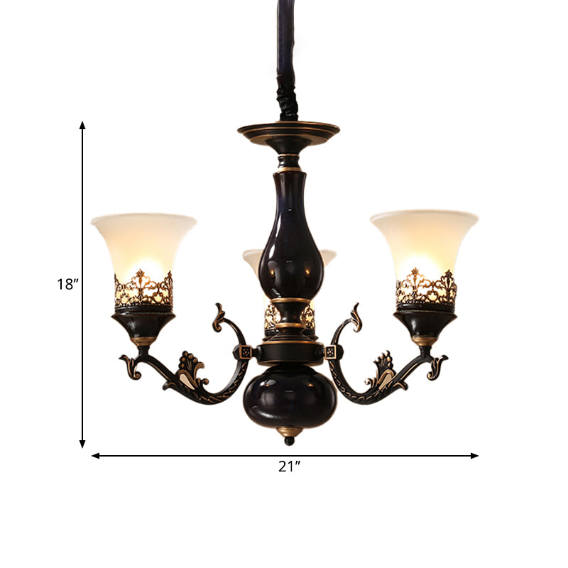 Black Bell Shaped Ceiling Suspension Lamp With Frosted Glass And Multiple Heads - Countryside