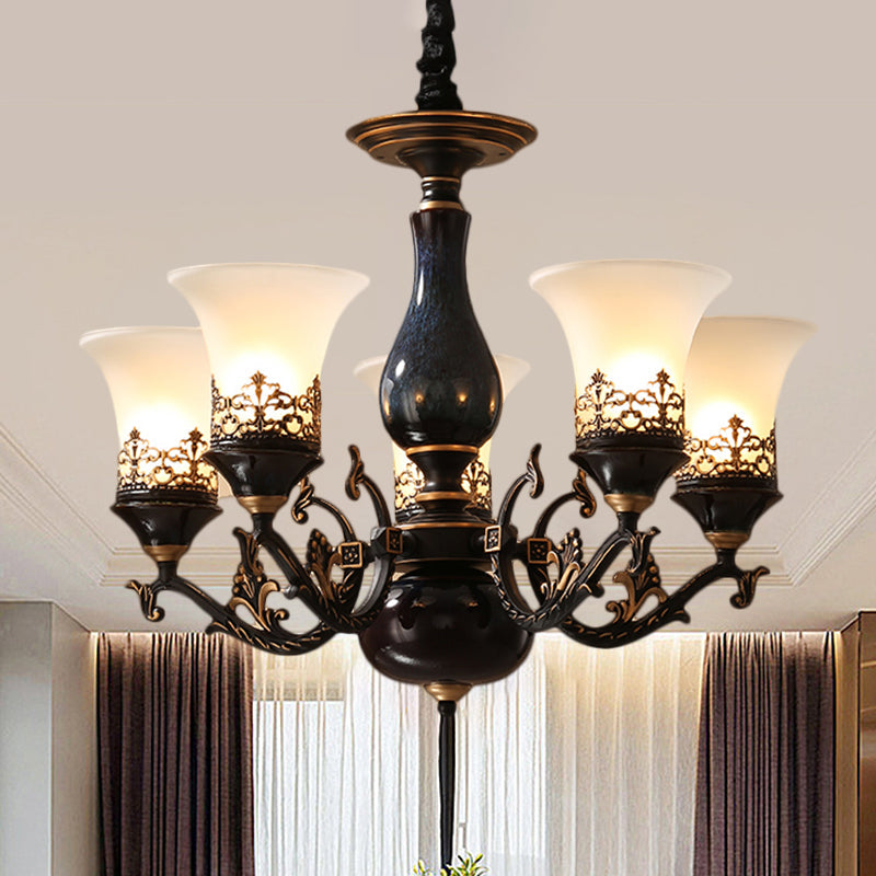 Black Bell Shaped Ceiling Suspension Lamp With Frosted Glass And Multiple Heads - Countryside