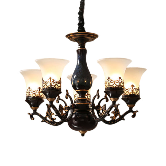 Black Bell Shaped Ceiling Suspension Lamp With Frosted Glass And Multiple Heads - Countryside