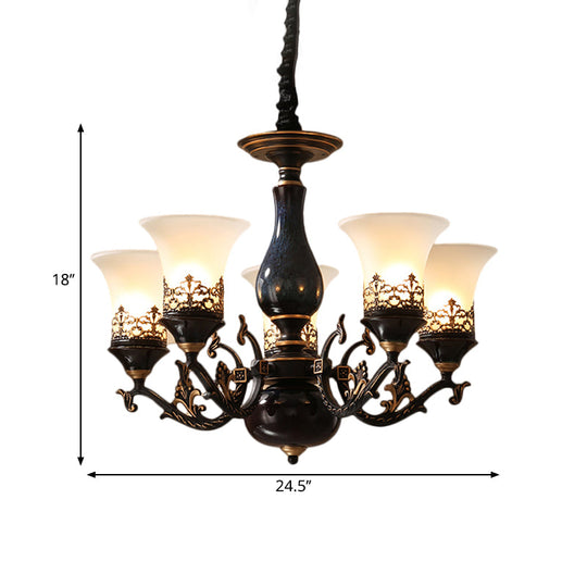 Black Bell Shaped Ceiling Suspension Lamp With Frosted Glass And Multiple Heads - Countryside