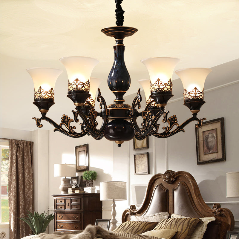 Black Bell Shaped Ceiling Suspension Lamp With Frosted Glass And Multiple Heads - Countryside