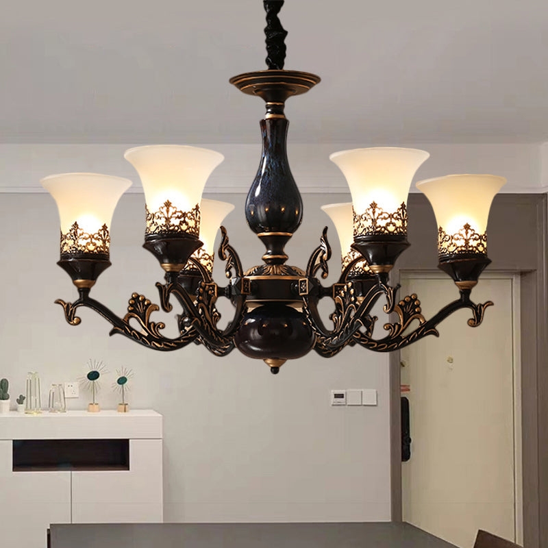 Black Bell Shaped Ceiling Suspension Lamp With Frosted Glass And Multiple Heads - Countryside