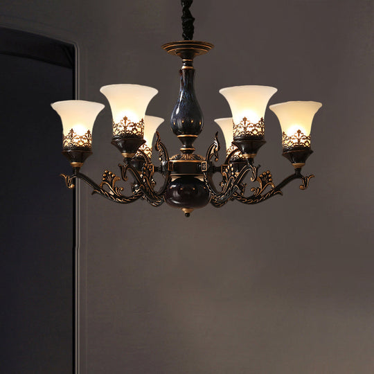 Black Bell Shaped Ceiling Suspension Lamp With Frosted Glass And Multiple Heads - Countryside