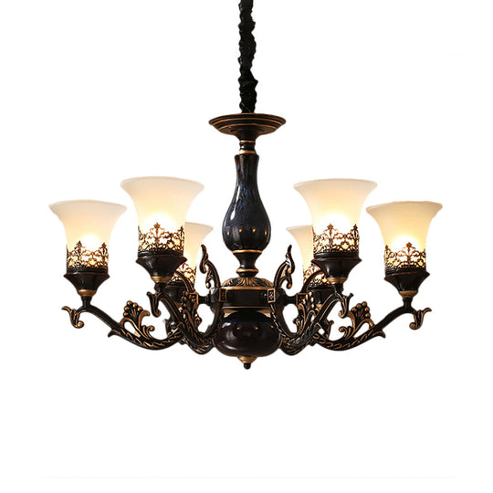 Black Bell Shaped Ceiling Suspension Lamp With Frosted Glass And Multiple Heads - Countryside