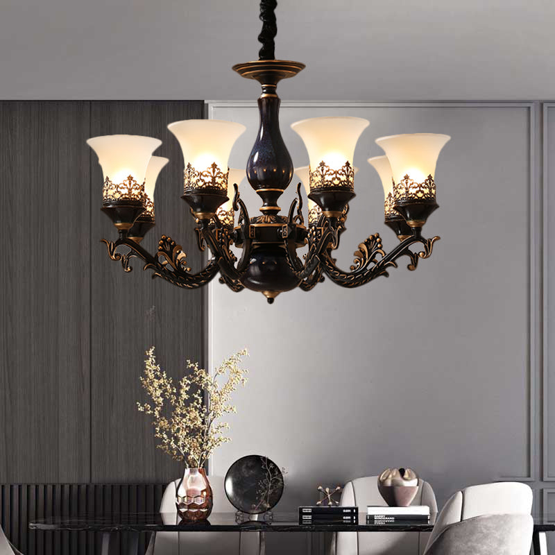 Black Bell Shaped Ceiling Suspension Lamp With Frosted Glass And Multiple Heads - Countryside