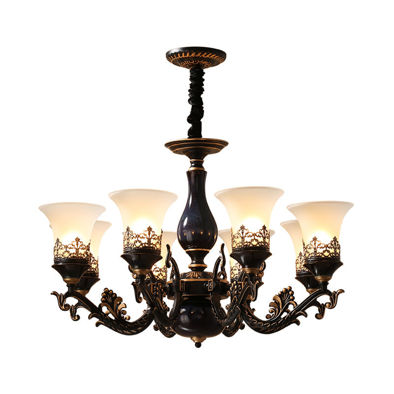 Black Bell Shaped Ceiling Suspension Lamp With Frosted Glass And Multiple Heads - Countryside