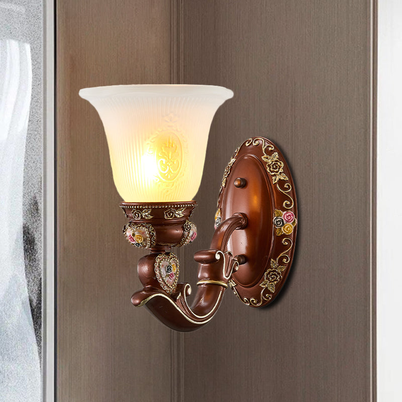 Antique Style Wall Sconce With Brown Bell Shade And Milky Glass 1/2-Head - Perfect For Bedside