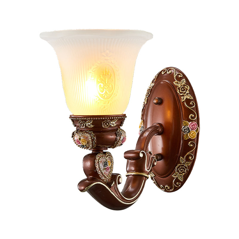 Antique Style Wall Sconce With Brown Bell Shade And Milky Glass 1/2-Head - Perfect For Bedside