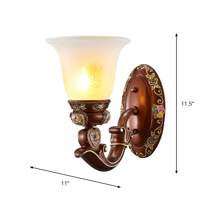 Antique Style Wall Sconce With Brown Bell Shade And Milky Glass 1/2-Head - Perfect For Bedside