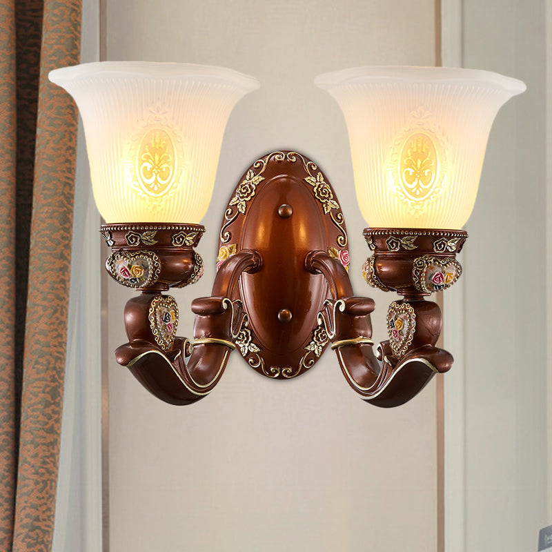 Antique Style Wall Sconce With Brown Bell Shade And Milky Glass 1/2-Head - Perfect For Bedside