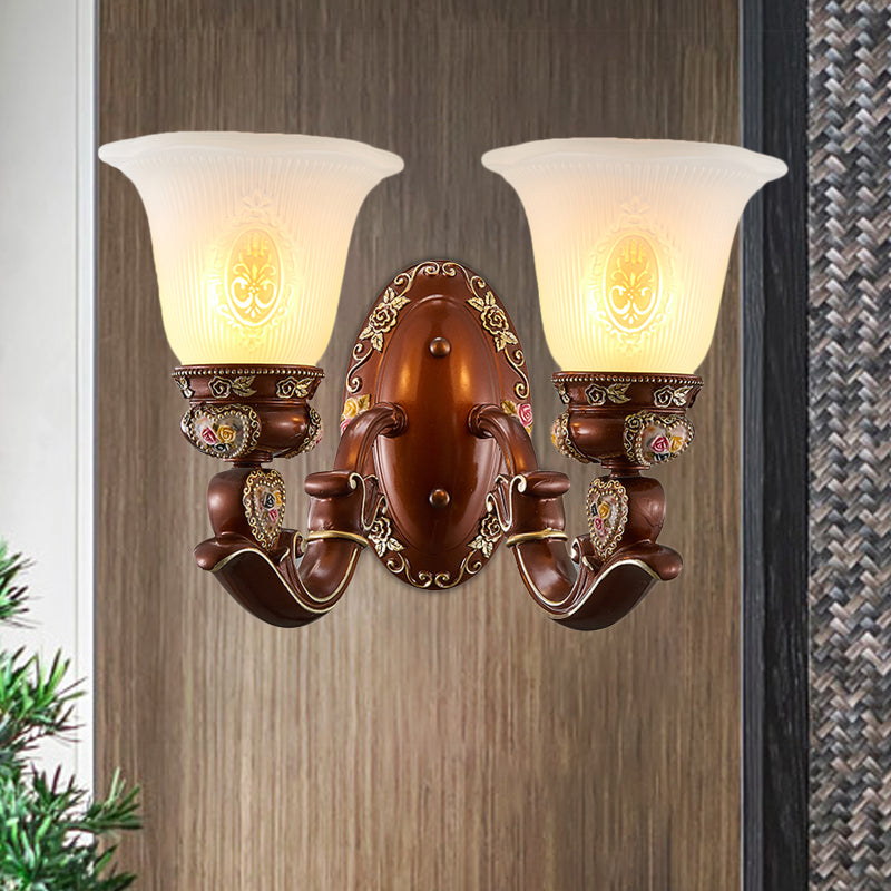 Antique Style Wall Sconce With Brown Bell Shade And Milky Glass 1/2-Head - Perfect For Bedside