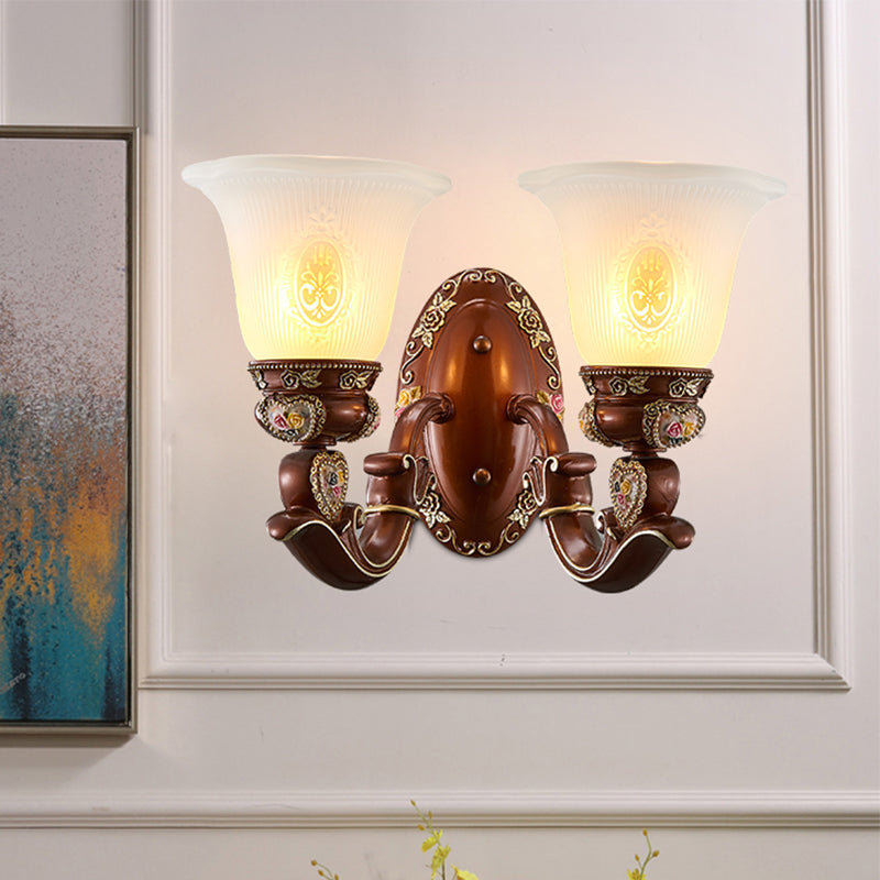 Antique Style Wall Sconce With Brown Bell Shade And Milky Glass 1/2-Head - Perfect For Bedside