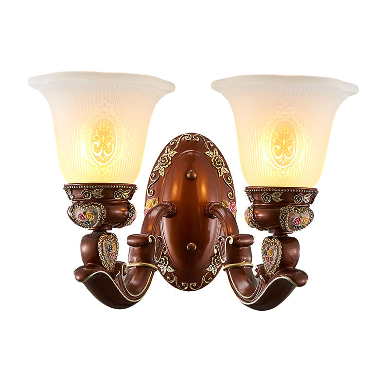 Antique Style Wall Sconce With Brown Bell Shade And Milky Glass 1/2-Head - Perfect For Bedside