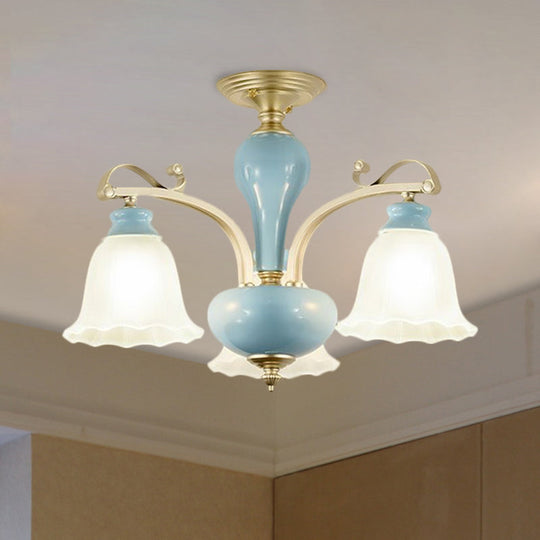 Rural Style Blue Chandelier with Cream Glass Blossom Shaped Pendant Light - 3/6/8 Bulbs