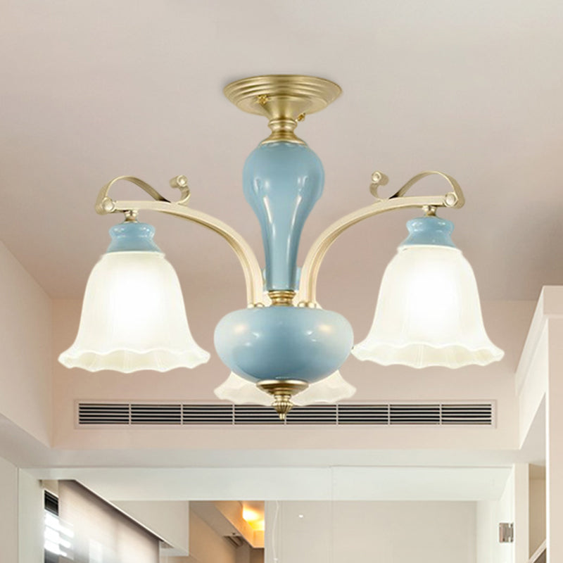 Rural Style Blue Chandelier with Cream Glass Blossom Shaped Pendant Light - 3/6/8 Bulbs