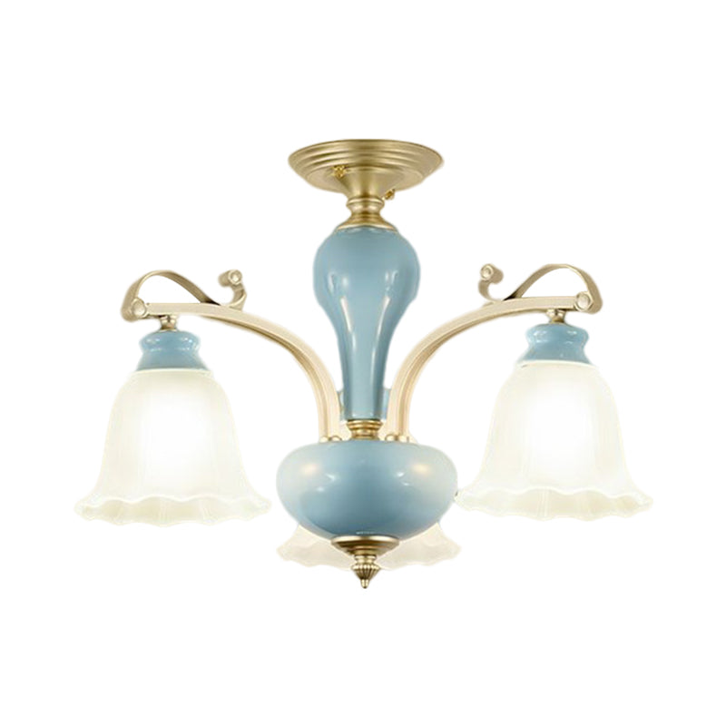 Rural Style Blue Chandelier with Cream Glass Blossom Shaped Pendant Light - 3/6/8 Bulbs