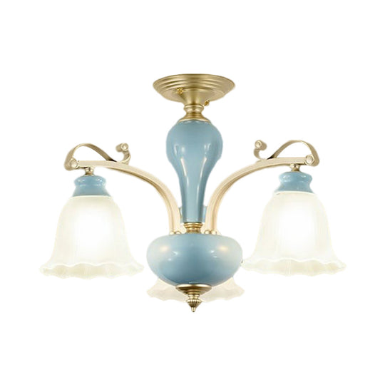 Rural Style Cream Glass Blossom Chandelier Lighting With Blue 3/6/8 Bulbs - Pendant Light