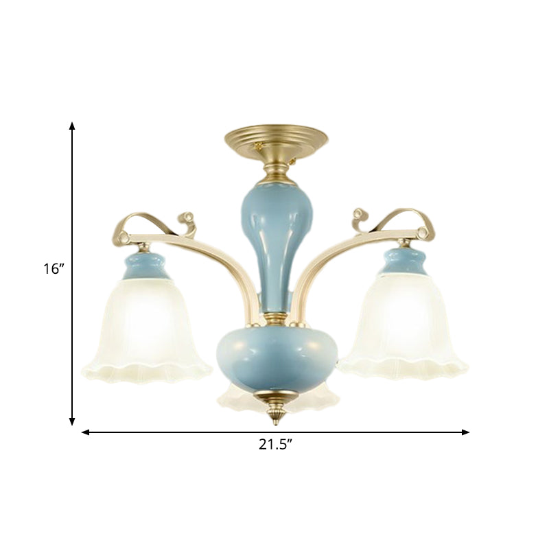 Rural Style Blue Chandelier with Cream Glass Blossom Shaped Pendant Light - 3/6/8 Bulbs