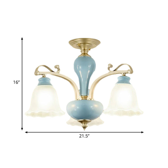 Rural Style Blue Chandelier with Cream Glass Blossom Shaped Pendant Light - 3/6/8 Bulbs