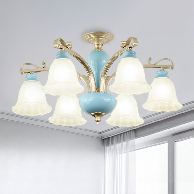 Rural Style Blue Chandelier with Cream Glass Blossom Shaped Pendant Light - 3/6/8 Bulbs