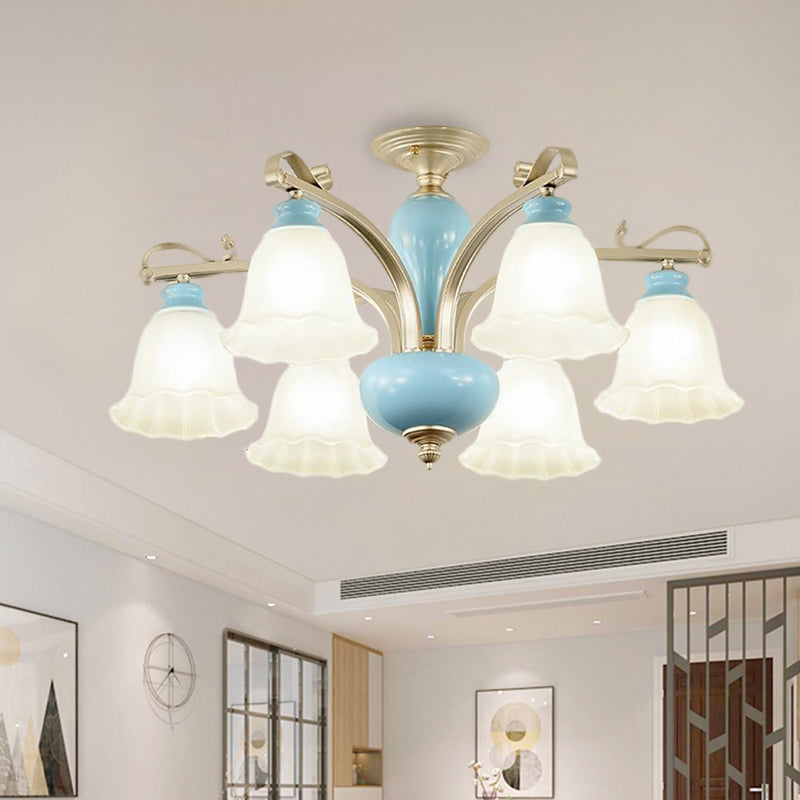 Rural Style Blue Chandelier with Cream Glass Blossom Shaped Pendant Light - 3/6/8 Bulbs