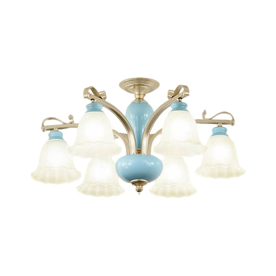 Rural Style Blue Chandelier with Cream Glass Blossom Shaped Pendant Light - 3/6/8 Bulbs