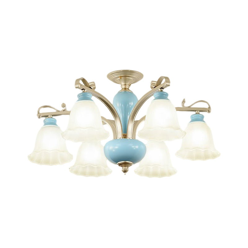 Rural Style Cream Glass Blossom Chandelier Lighting With Blue 3/6/8 Bulbs - Pendant Light