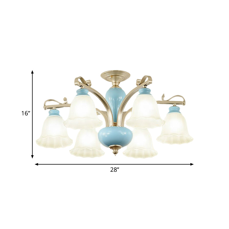 Rural Style Blue Chandelier with Cream Glass Blossom Shaped Pendant Light - 3/6/8 Bulbs