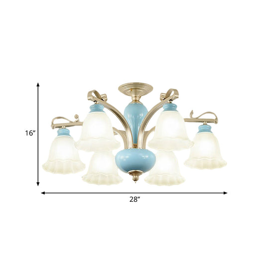 Rural Style Blue Chandelier with Cream Glass Blossom Shaped Pendant Light - 3/6/8 Bulbs