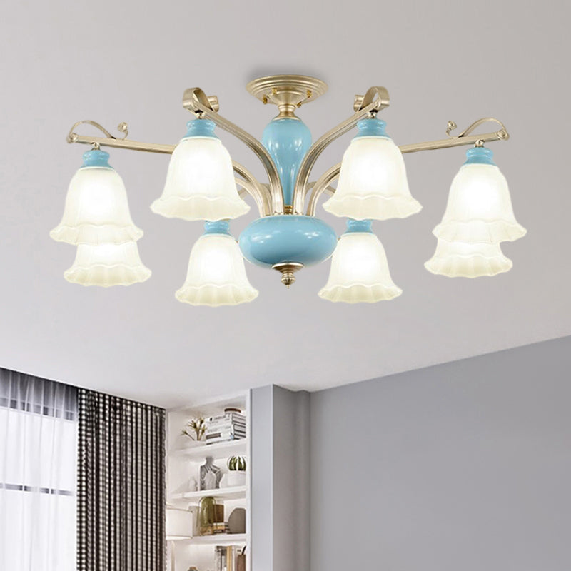 Rural Style Blue Chandelier with Cream Glass Blossom Shaped Pendant Light - 3/6/8 Bulbs