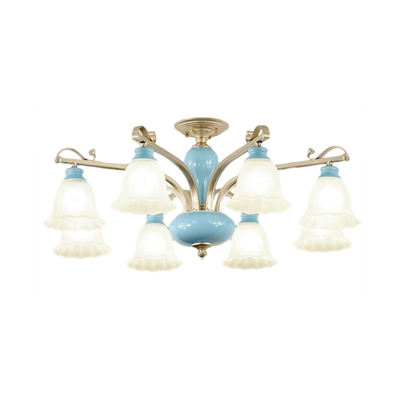 Rural Style Blue Chandelier with Cream Glass Blossom Shaped Pendant Light - 3/6/8 Bulbs