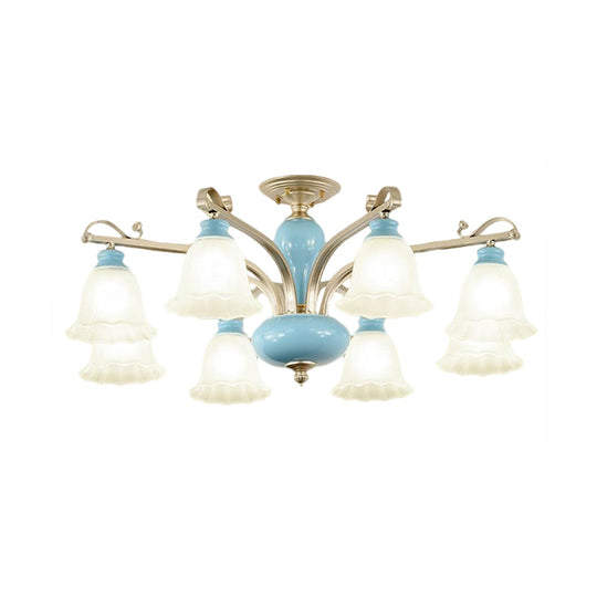 Rural Style Blue Chandelier with Cream Glass Blossom Shaped Pendant Light - 3/6/8 Bulbs