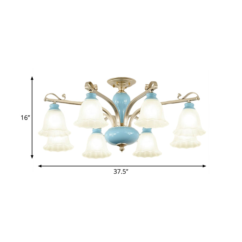 Rural Style Blue Chandelier with Cream Glass Blossom Shaped Pendant Light - 3/6/8 Bulbs